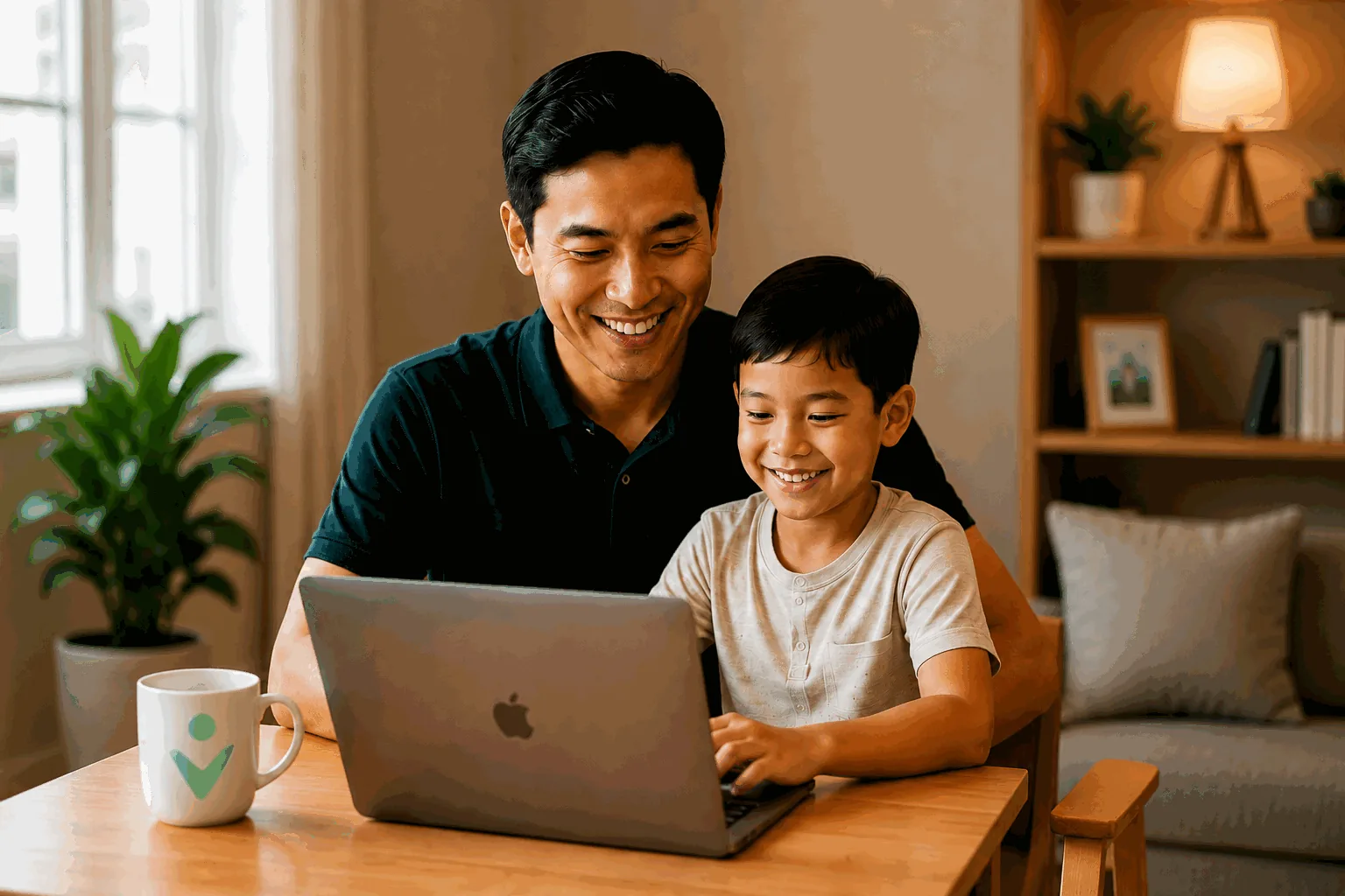 Father and son using a laptop together.