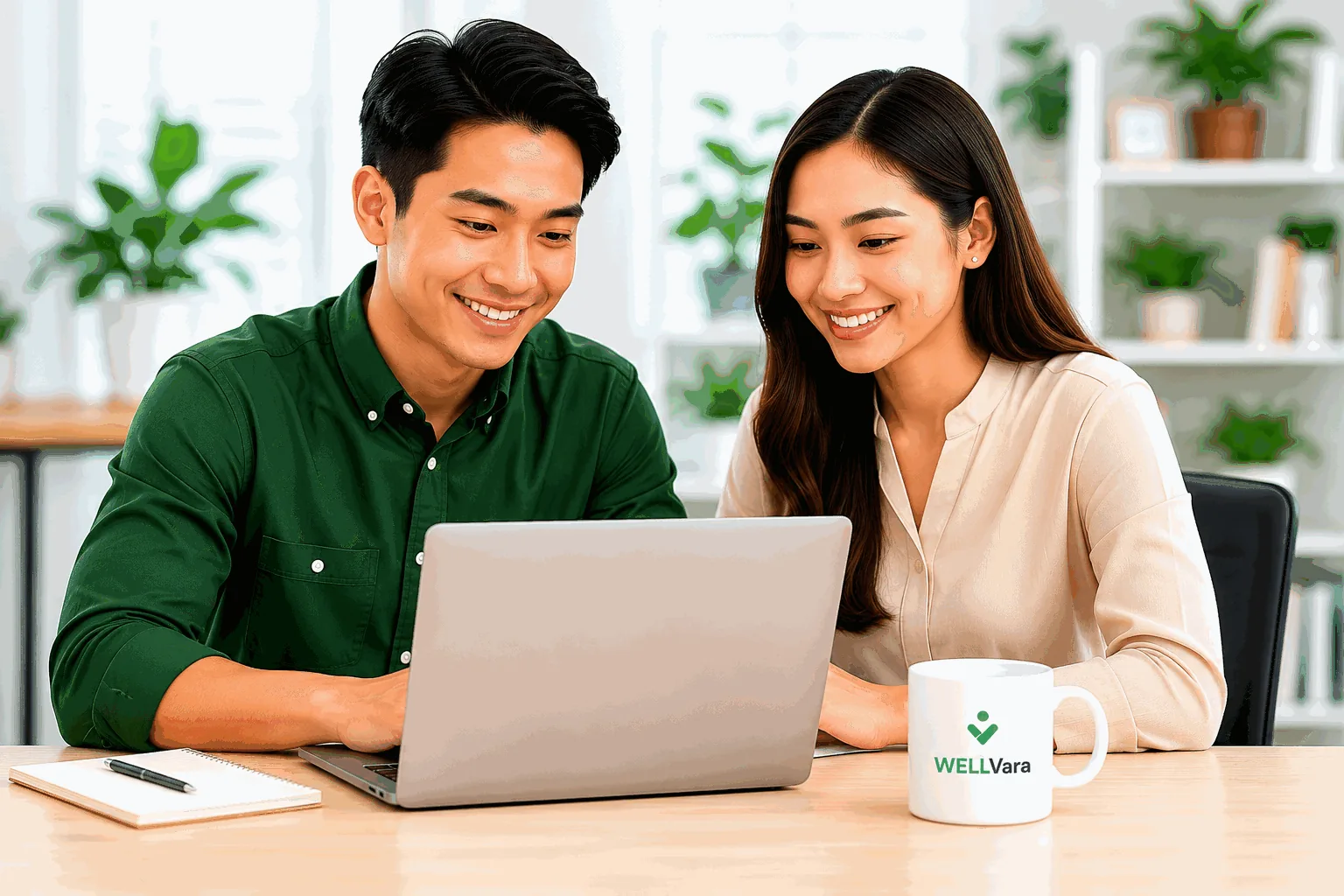 A Filipino couple working together on a laptop.