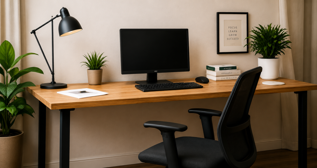 Filipino remote worker's clean, well-lit home office desk setup in the Philippines