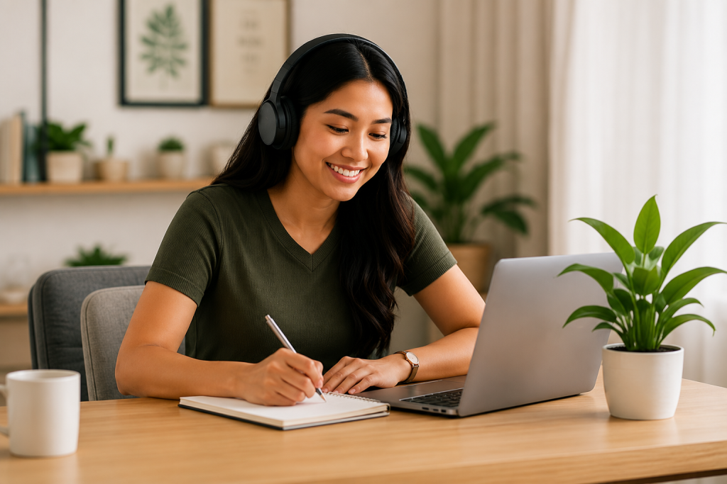 Filipino remote professional working at her desk, showing qualities U.S. companies value