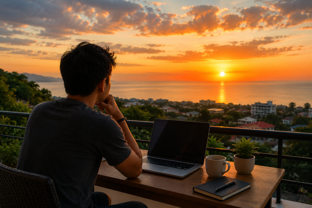 Filipino professional watching a sunset, symbolizing a stable long-term remote career