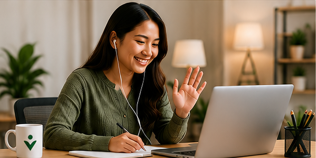 Filipino professional preparing for a remote video interview with a U.S. company