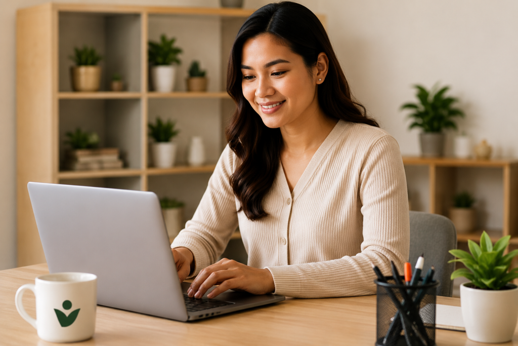 Filipino virtual assistant confidently communicating on a video call with a U.S. team